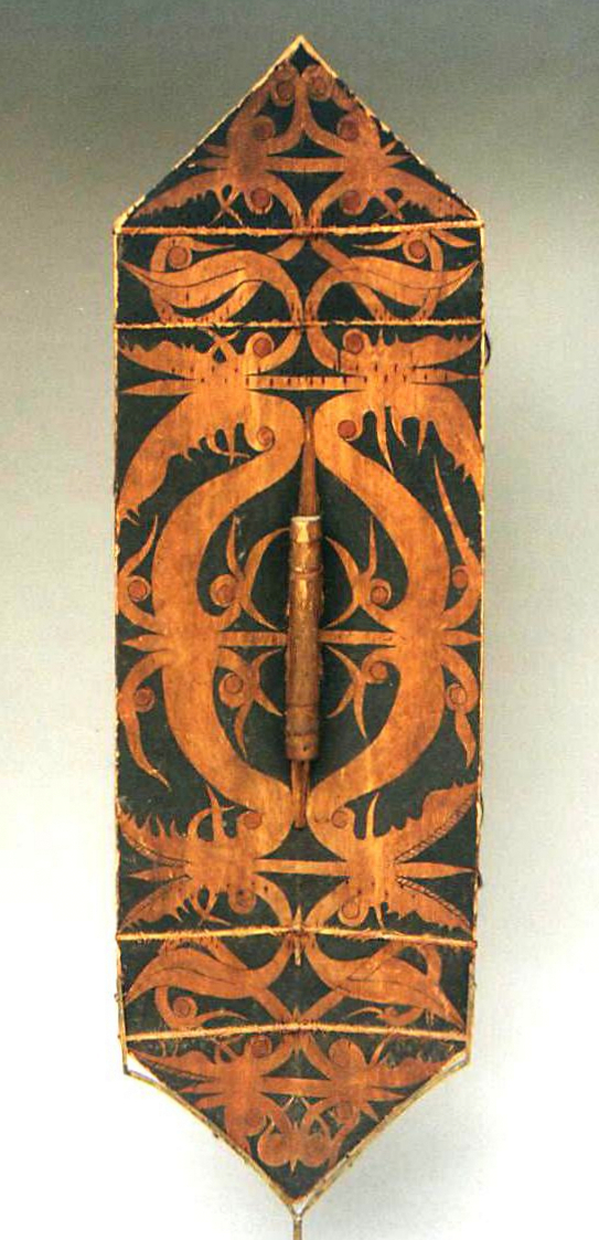 27 Wood shield with painted surfaces and human hair